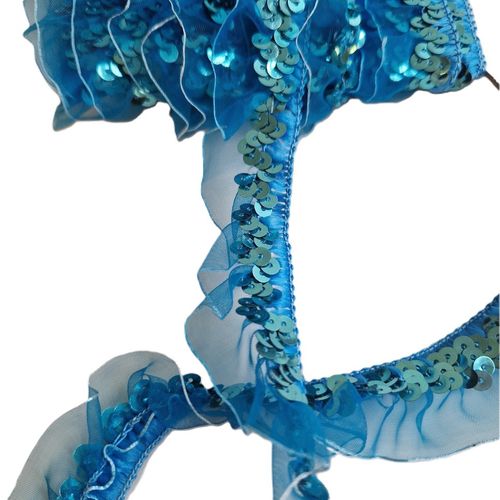 Elastisk organza bånd med paljetter 25 mm blå
